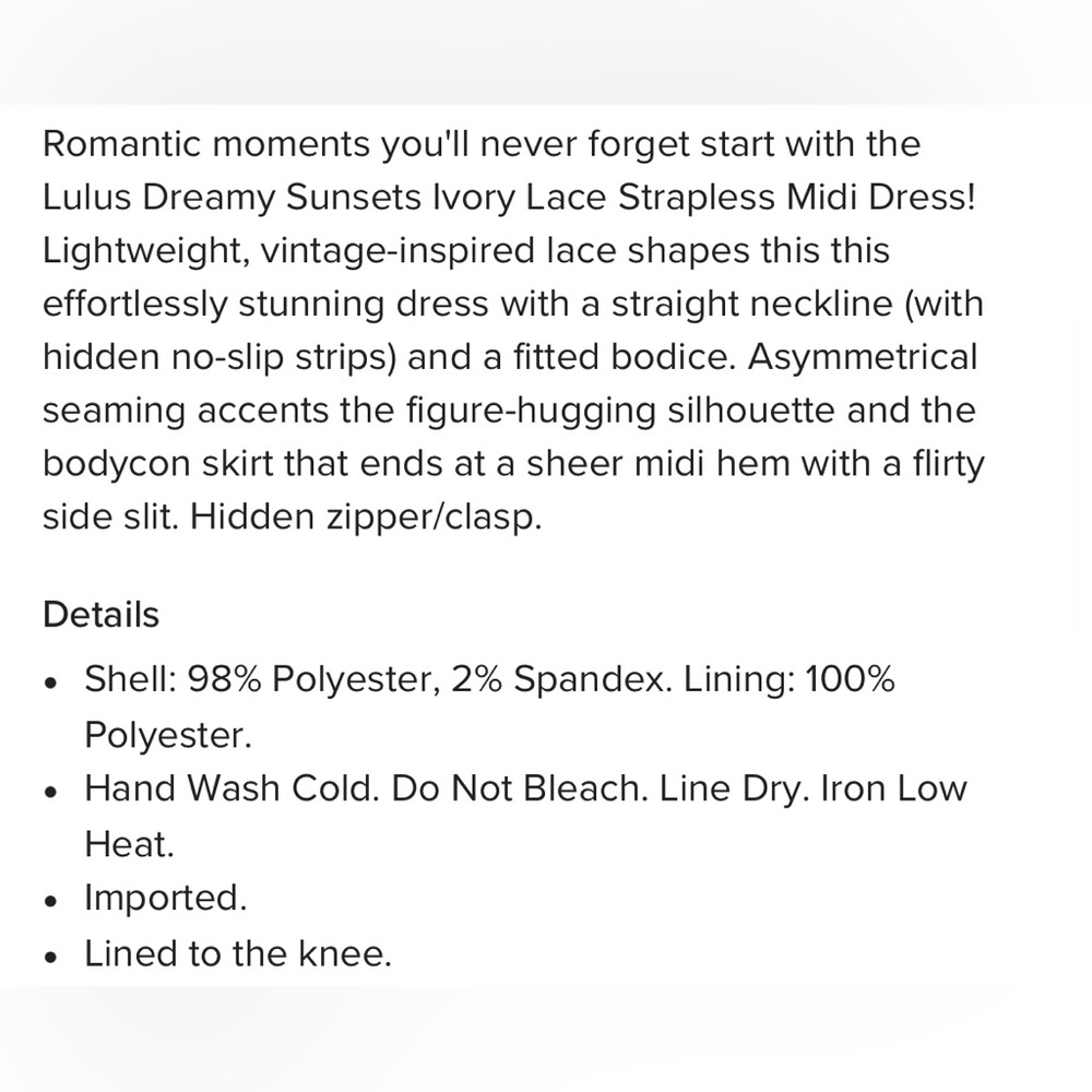 Dreamy Sunsets Ivory Lace Strapless Midi Dress by LULUS size Large L NEW NWT - Picture 6 of 7